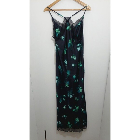 Worthington Women's Size Medium Floral Slip Dress Floral Print Black Teal Satin - Picture 9 of 14
